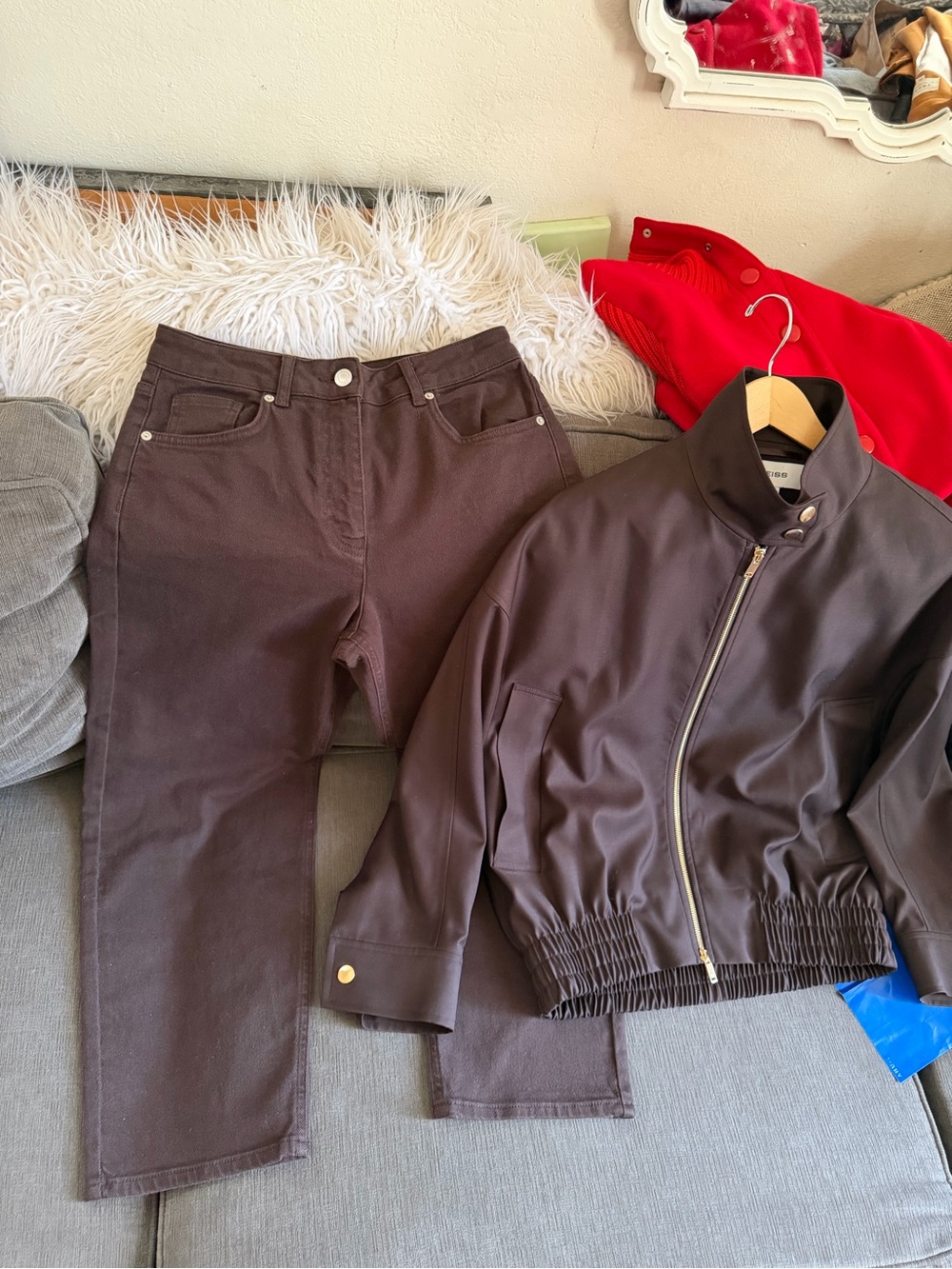 Reiss Dark Brown Bomber Jacket and matching jeans size 28r nwot bundle 🍂🍃🍁 - Picture 6 of 15